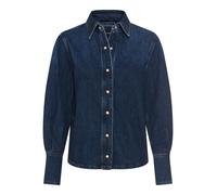 Hemdbluse BOSS ORANGE "Shirt Premium Damenmode", Damen, Gr. S (36), blau (blau 400), Denim/Jeans, Obermaterial: 90% Baumwolle, 10% Lyocell, unifarben, regular fit normal, hoch geschlossener Ausschnitt