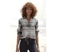 Hemdbluse BUFFALO, Damen, Gr. 44, grau (grau, schwarz kariert), Flanell, Obermaterial: 100% Baumwolle, kariert, casual, figurumspielend hüftlang, ohne Ausschnitt, Langarm mit Riegel 1-Knopf-Manschette