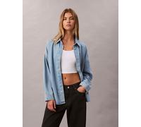 Hemdbluse CALVIN KLEIN JEANS "RLXD LNN DNM SHRT AR", Damen, Gr. XXS (34), aaron indigo, Web, Obermaterial: 70% Baumwolle, 30% Leinen, unifarben, regular fit lang, Rundhals, eingesetzt Manschette mit S