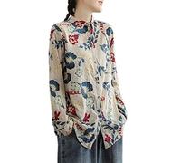 Hemdbluse Damen, Damen Baumwolle Leinen Langarmbluse Vintage Blau Blumendruck V-Ausschnitt Tunika Tops Elegante Button-Down-Blusen Sommer Lässig Lockere T-Shirts Für Damen Mädchen,L