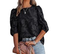 Hemdbluse Damen, Damen Bluse Sommer Süße Blumen Jacquard Rundhalsausschnitt Chiffon Blusen Tops Elegante Puffärmel Tunika Tops Solide Lose Mode Arbeitsblusen T-Shirts Für Damen Mädchen,Schwarz,S