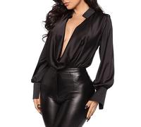 Hemdbluse Damen, Damen-Satin-Bluse Seidig Sexy Wasserfallausschnitt Drapiert Gerüscht Tief Ausgeschnittene Pullover Hemden Tops Elegante Langarm-Tunika-Oberteile Blusen Modische Lockere Schlichte B