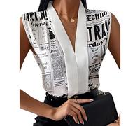 Hemdbluse Damen, Damenbluse Sommer Vintage-Stil Weißer Zeitungsdruck V-Ausschnitt Pullover Hemden Tops Elegante Ärmellose Weste Tunika-Oberteile Lässige Arbeitsblusen T-Shirts Für Damen Und Mäd