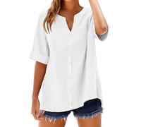 Hemdbluse Damen Kurzarm Baumwolle Leinen Bluse Oversize V-Ausschnitt Leinenbluse Leicht Luftig Leinenhemd Elegant Leinenshirt Sommer Tops Einfarbig Blusenshirt Button-Down Hemdbluse Locker Tshirt