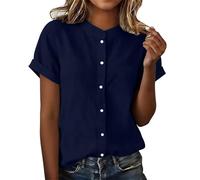 Hemdbluse Damen Kurzarm Bluse Sommer Rundhals Leinenbluse Knopfleiste Casual Blusenshirt Einfarbig Leicht Blusentop Klassische Loose Sommerbluse Regular Fit Blusen Strand Urlaub Tops