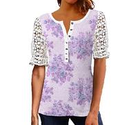 Hemdbluse Damen Kurzarm Frühling Sommer Hemd Tops T-Shirts & Blusen für Frauen Gedruckt Gradienten Tops Taste Kragen Blase Hülse Spitze Kurzarm Lose Tops Spitzenbluse
