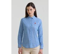 Hemdbluse FELIX HARDY "Gestreiftes Langarm Hemd", Damen, Gr. M, blau (sax), 65% Baumwolle, 35% Leinen, Blusen Hemdbluse (21472428-M) sax