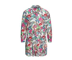 Hemdbluse GOLDNER "Kurzgröße Druckbluse in exotischem Muster", Damen, Gr. 20, bunt (koralle, grün, gemustert), Obermaterial: 100% Viskose CV., figurumspielend, weit Manschette, Blusen Hemdbluse, mit Q