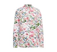 Hemdbluse GOLDNER "Kurzgröße Jerseybluse mit floralem Allover-Druck", Damen, Gr. 24, weiß (rosé, weiß, gemustert), Obermaterial: 95% Viskose CV. 5% Elasthan EL., eng Manschette, Blusen Hemdbluse, Hübs