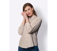 Hemdbluse HEINE, Damen, Gr. 46, gelb (camel, weiß, gestreift), 100% Baumwolle, gemustert, gestreift, mehrfarbig, V-Ausschnitt, Blusen Hemdbluse (93054760-46) camel, weiß, gestreift
