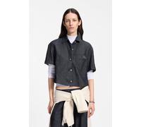 Hemdbluse HUGO BLUE "Erynn", Damen, Gr. 36, navy 410, Denim/Jeans, Obermaterial: 65% Baumwolle, 28% Leinen, 7% Viskose, unifarben, relaxed fit hüftlang, abgesteppte Kante, Blusen Hemdbluse, Boxy Fit a