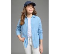 Hemdbluse KANGAROOS "Kangaroos Musseline Bluse mit modischem Streifen", Mädchen, Gr. 158, weiß, blau gestreift, Web, Obermaterial: 100% Baumwolle, bedruckt, mit Knöpfen, Blusen Hemdbluse, für Mädchen,
