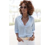 Hemdbluse LASCANA, Damen, Gr. 34, blau, Web, Obermaterial: 58% Viskose, 28% Baumwolle, 14% Leinen, unifarben, figurumspielend hüftbedeckend, V-Ausschnitt, 2-Knopf-Manschette, Blusen Hemdbluse, aus Lei