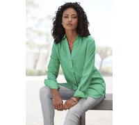 Hemdbluse LASCANA, Damen, Gr. 38, grün (apfelgrün), Web, Obermaterial: 58% Viskose, 28% Baumwolle, 14% Leinen, unifarben, figurumspielend hüftbedeckend, V-Ausschnitt, 2-Knopf-Manschette, Blusen Hemdbl