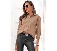 Hemdbluse LASCANA, Damen, Gr. 46, beige, Web, Obermaterial: 100% Baumwolle, unifarben, modisch, figurumspielend hüftbedeckend, Langarm 2-Knopf-Manschette mit Knöpfen, Blusen, hinten länger geschnitten