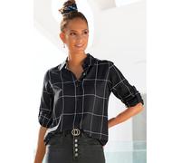 Hemdbluse LASCANA "mit Karomuster aus leichter Webware, Longbluse", Damen, Gr. 40/42, schwarz-weiß (schwarz, weiß, kariert), Web, Obermaterial: 100% Viskose, kariert, figurumspielend hüftbedeckend, Bl