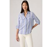 Hemdbluse LEVI'S, Damen, Gr. L (40), bold stripe blau cotton linen, Web, Obermaterial: 55% Viskose, 33% Baumwolle, 12% Leinen, gestreift, figurumspielend hüftbedeckend, Krempelärmel,mit Riegel Mansche