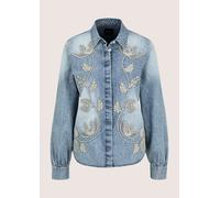 Hemdbluse MADELEINE "Bluse Jeansbluse mit floraler Stickerei", Damen, Gr. 46, blau, Modern, comfort fit, V-Ausschnitt, Blusen Hemdbluse (96847000-46) blau