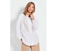 Hemdbluse GOLDNER "Kurzgröße Weiße elegante Bluse aus Leinen", Damen, Gr. 20, weiß (cremeweiß), Obermaterial: 55% Leinen LI. 45% Viskose CV., gerade, Manschette, Blusen Hemdbluse, Paillettenstickerei 