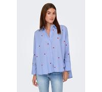 Hemdbluse ONLY "ONLNEW LINA GRACE LS STRIPE EMB SHIRT", Damen, Gr. XS, blau (moonlight blau detail:stripewith rot heart emb), Web, Obermaterial: 85% Polyester, 15% Baumwolle, bestickt, gestreift, Po-b
