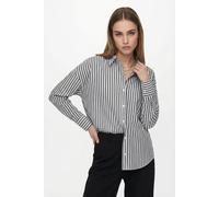 Hemdbluse ONLY "ONLOREGON SOLO SHIRT NOOS WVN", Damen, Gr. XS, weiß (schwarz stripes:medium hellweiß), Web, Obermaterial: 58% Polyester, 42% Baumwolle, gestreift, regular fit normal, 2-Knopf-Manschett