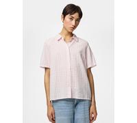 Hemdbluse PIECES "PCSTINNA SS SHIRT WVN NOOS BC", Damen, Gr. XL, roseate spoonbill stripes:hellweiß, Web, Obermaterial: 100% Baumwolle, gestreift, bequem normal, Blusen Hemdbluse, mit Streifenmuster (
