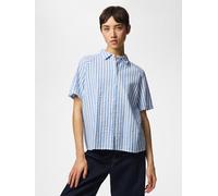 Hemdbluse PIECES "PCSTINNA SS SHIRT WVN NOOS BC", Damen, Gr. XS, hydrangea stripes:hellweiß, Web, Obermaterial: 100% Baumwolle, gestreift, bequem normal, Blusen Hemdbluse, mit Streifenmuster (45326734