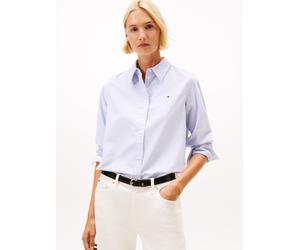Hemdbluse TOMMY HILFIGER "OXFORD RELAXED FIT SHIRT mit Hemdblusenkragen und Stickerei", Damen, Gr. 46, blau (classic ithaka stp breezy blau), Web, Obermaterial: 100% Baumwolle, gestreift, relaxed fit