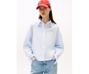 Hemdbluse TOMMY JEANS "TJW REG CROP STRIPE POPLIN SHIRT", Damen, Gr. L (40), blau (light powdery blau, stripe), Web, Obermaterial: 100% Baumwolle, gestreift, Blusen Hemdbluse (55244144-L)