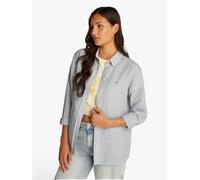 Hemdbluse TOMMY JEANS "TJW RLX LINEN SHIRT", Damen, Gr. XL (42), blau (colorado blau), Web, Obermaterial: 75% Baumwolle, 25% Leinen, gestreift, casual, relaxed fit hüftlang, Langarm Ärmel mit Ärmelsch
