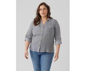 Hemdbluse VERO MODA CURVE "VMBUMPY L/S SHIRT NEW CURVE GA NOOS", Damen, Gr. 52, weiß (snow weiß stripes:india ink), Web, Obermaterial: 100% Viskose, gestreift, regular fit hüftbedeckend, V-Ausschnitt,