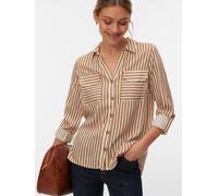 Hemdbluse VERO MODA "VMBUMPY L/S SHIRT NEW WVN GA NOOS", Damen, Gr. L, birch stripes:new stripe tigers eye, Web, Obermaterial: 100% Viskose, gestreift, regular fit Po-bedeckend, V-Ausschnitt, mit Rieg