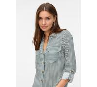 Hemdbluse VERO MODA "VMBUMPY L/S SHIRT NEW WVN GA NOOS", Damen, Gr. L, weiß (pine grove stripes:snow weiß), Web, Obermaterial: 100% Viskose, gestreift, regular fit Po-bedeckend, V-Ausschnitt, mit Rieg