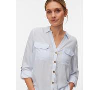 Hemdbluse VERO MODA "VMBUMPY L/S SHIRT NEW WVN GA NOOS", Damen, Gr. XS, brunnera blau stripes:eva snow weiß, Web, Obermaterial: 100% Viskose, gestreift, regular fit Po-bedeckend, V-Ausschnitt, mit Rie