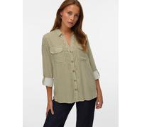 Hemdbluse VERO MODA "VMBUMPY L/S SHIRT NEW WVN GA NOOS", Damen, Gr. XS, weiß (capulet olive stripes:snow weiß), Web, Obermaterial: 100% Viskose, gestreift, regular fit Po-bedeckend, V-Ausschnitt, mit