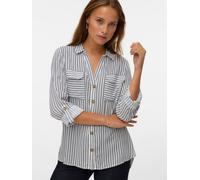 Hemdbluse VERO MODA "VMBUMPY L/S SHIRT NEW WVN GA NOOS", Damen, Gr. XS, weiß (snow weiß stripes:eva india ink), Web, Obermaterial: 100% Viskose, gestreift, regular fit Po-bedeckend, V-Ausschnitt, mit