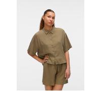 Hemdbluse VERO MODA "VMLINN LINEN 2/4 SHORT SHIRT WVN NOOS", Damen, Gr. M, kalamata detail:melange, Web, Obermaterial: 55% Leinen, 45% Viskose, meliert, regular fit, Blusen Hemdbluse (20386641-M) kala