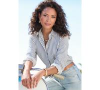 Hemdbluse VIVANCE, Damen, Gr. 36, creme, blau gestreift, Web, Obermaterial: 52% Viskose, 48% Polyester, gestreift, figurumspielend hüftlang, Rundhals, 1-Knopf-Manschette, Blusen Hemdbluse, mit Streife