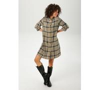 Hemdblusenkleid ANISTON CASUAL, Damen, Gr. 44, N-Gr, weiß (helloliv, weiß, oliv, dunkeloliv), Flanell, Obermaterial: 65% Polyester, 35% Viskose, kariert, A-Linie kniefrei, Krempelärmel 1-Knopf-Mansche