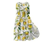 Hemdblusenkleid Damen Revers Früchte Bedruckt Hemdkleid Mit Gürtel 3/4 Arm Knopfleiste Maxikleid Elegant Freizeitkleid Flowy Shirtkleid Swing Sommerkleid Frauen Blusenkleid Festlich Blümchenkleid