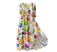 Hemdblusenkleid Damen Revers Früchte Bedruckt Hemdkleid Mit Gürtel 3/4 Arm Knopfleiste Maxikleid Elegant Freizeitkleid Flowy Shirtkleid Swing Sommerkleid Frauen Blusenkleid Festlich Blümchenkleid