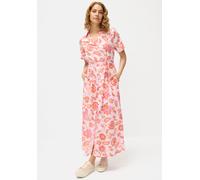 Hemdblusenkleid LASCANA "aus Webware mit Leinenanteil und Alloverdruck", Damen, Gr. 34, N-Gr, pink (pink, orange), Web, Obermaterial: 58% Viskose, 28% Baumwolle, 14% Leinen, bedruckt, figurumspielend 