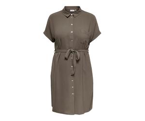 Hemdblusenkleid ONLY CARMAKOMA "CARMETTA S/S V-NECK SH DRESS WVN NOOS", Damen, Gr. 54, N-Gr, walnut, Web, Obermaterial: 100% Polyester, unifarben, kurz, Kleider, Sommerkleid mit Kurzarm, Taillen-Binde