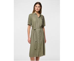 Hemdblusenkleid PIECES "PCPIA 2/4 MIDI SHIRT DRESS WVN NOOS", Damen, Gr. XS, N-Gr, grün (deep lichen grün), Web, Obermaterial: 70% Viskose, 30% Leinen, unifarben, regular fit wadenlang, Kleider, mit B