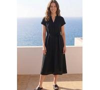 Hemdblusenkleid TAMARIS "mit tailliertem Bindegürtel", Damen, Gr. 34, N-Gr, schwarz, Web, Obermaterial: 100% Viskose, unifarben, tailliert ca. Mitte Wade, V-Ausschnitt, Umschlagsaum, Kleider Hemdbluse