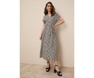 Hemdblusenkleid TAMARIS "mit tailliertem Bindegürtel und Knopfleiste", Damen, Gr. 38, N-Gr, schwarz (schwarz sand), Web, Obermaterial: 100% Viskose, gemustert, tailliert ca. Mitte Wade, V-Ausschnitt,
