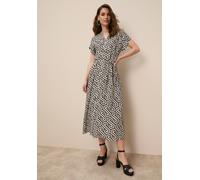 Hemdblusenkleid TAMARIS "mit tailliertem Bindegürtel und Knopfleiste", Damen, Gr. 42, N-Gr, schwarz (schwarz sand), Web, Obermaterial: 100% Viskose, gemustert, tailliert ca. Mitte Wade, V-Ausschnitt,