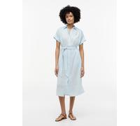 Hemdblusenkleid TOMMY HILFIGER "LINEN BELTED KNEE SS SHIRT DRESS", Damen, Gr. L (42/44), N-Gr, keepsake blau, Web, Obermaterial: 100% Leinen, unifarben, regular fit knielang, Kleider, mit Bindegürtel