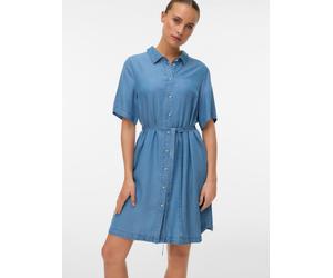 Hemdblusenkleid VERO MODA "VMBREE SS SHORT TENCEL SHIRT DRESS", Damen, Gr. S, N-Gr, blau (medium blau denim), Web, Obermaterial: 100% Lyocell, unifarben, regular fit kurz, V-Ausschnitt, Kleider, Visko