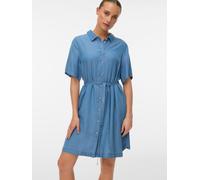 Hemdblusenkleid VERO MODA "VMBREE SS SHORT TENCEL SHIRT DRESS", Damen, Gr. XL, N-Gr, medium blau denim, Web, Obermaterial: 100% Lyocell, unifarben, regular fit kurz, V-Ausschnitt, Kleider, Viskose, re